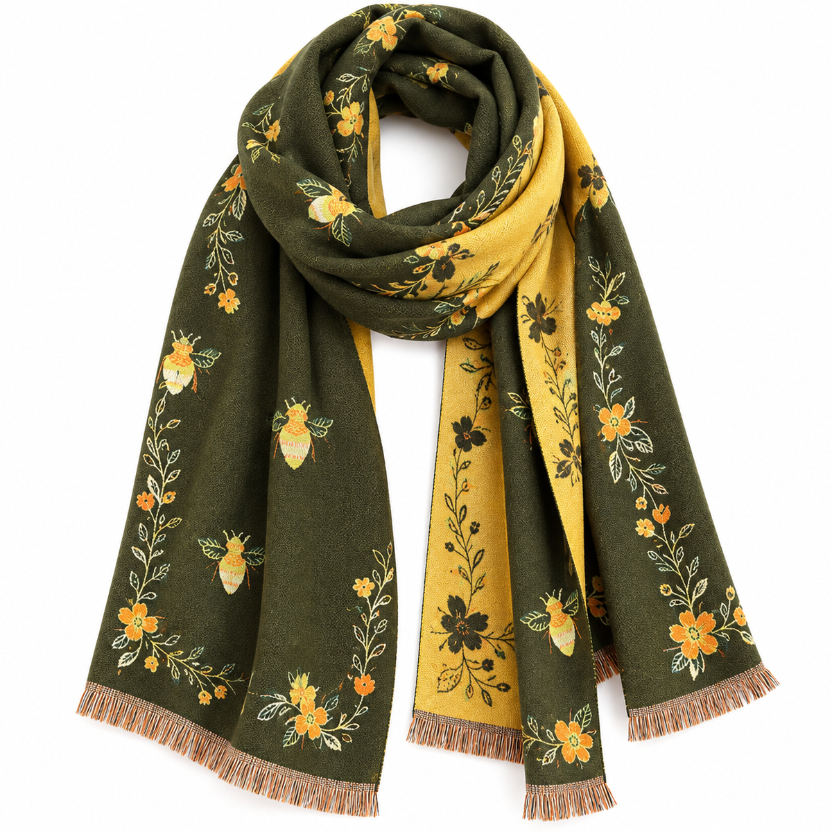 Reversible Bee & Floral Print Shawl Wrap Scarf – Olive Green & Mustard Yellow with Fringe