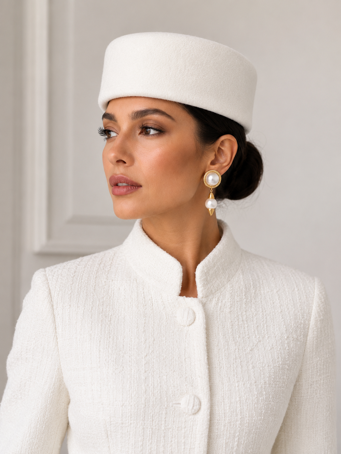 Vintage 100% Wool Pillbox Hat White Retro Fascinator Formal Cocktail Stewardess