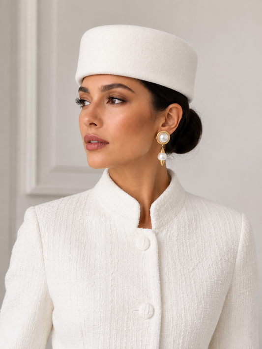 Vintage 100% Wool Pillbox Hat White Retro Fascinator Formal Cocktail Stewardess