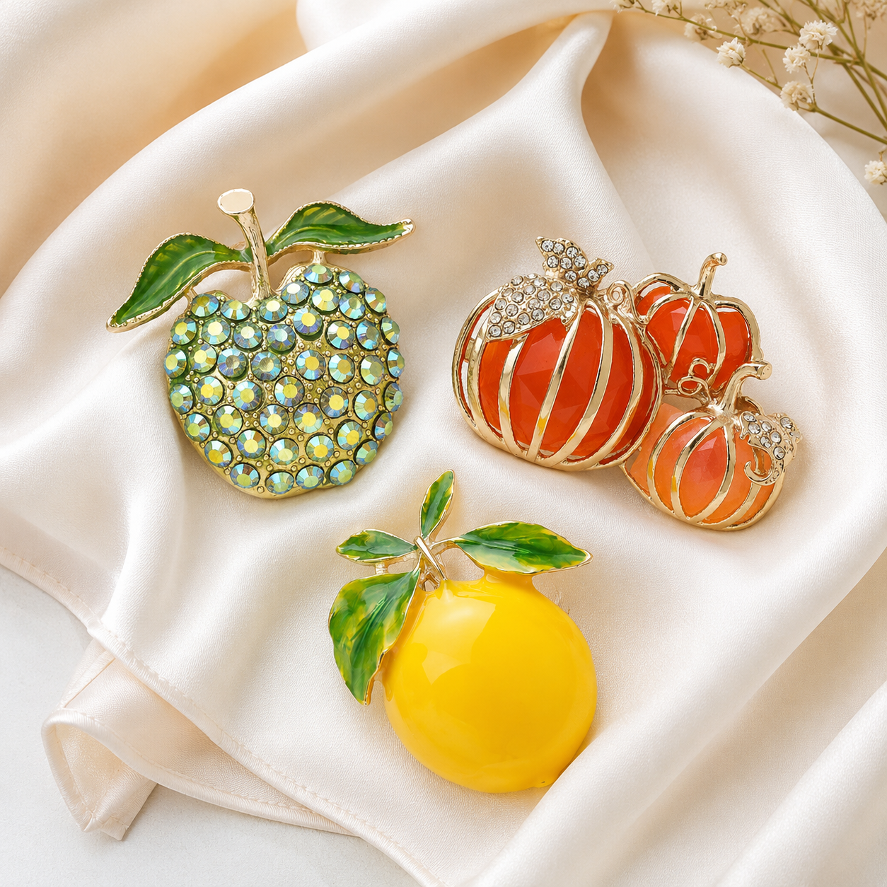 3-Piece Harvest Fruit Brooch Set – Apple, Pumpkin & Lemon Pins
