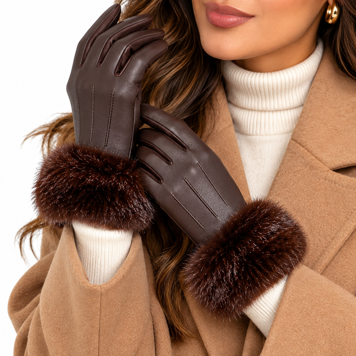 Women's Chocolate Brown Faux Leather Gloves with Faux Fur Cuffs