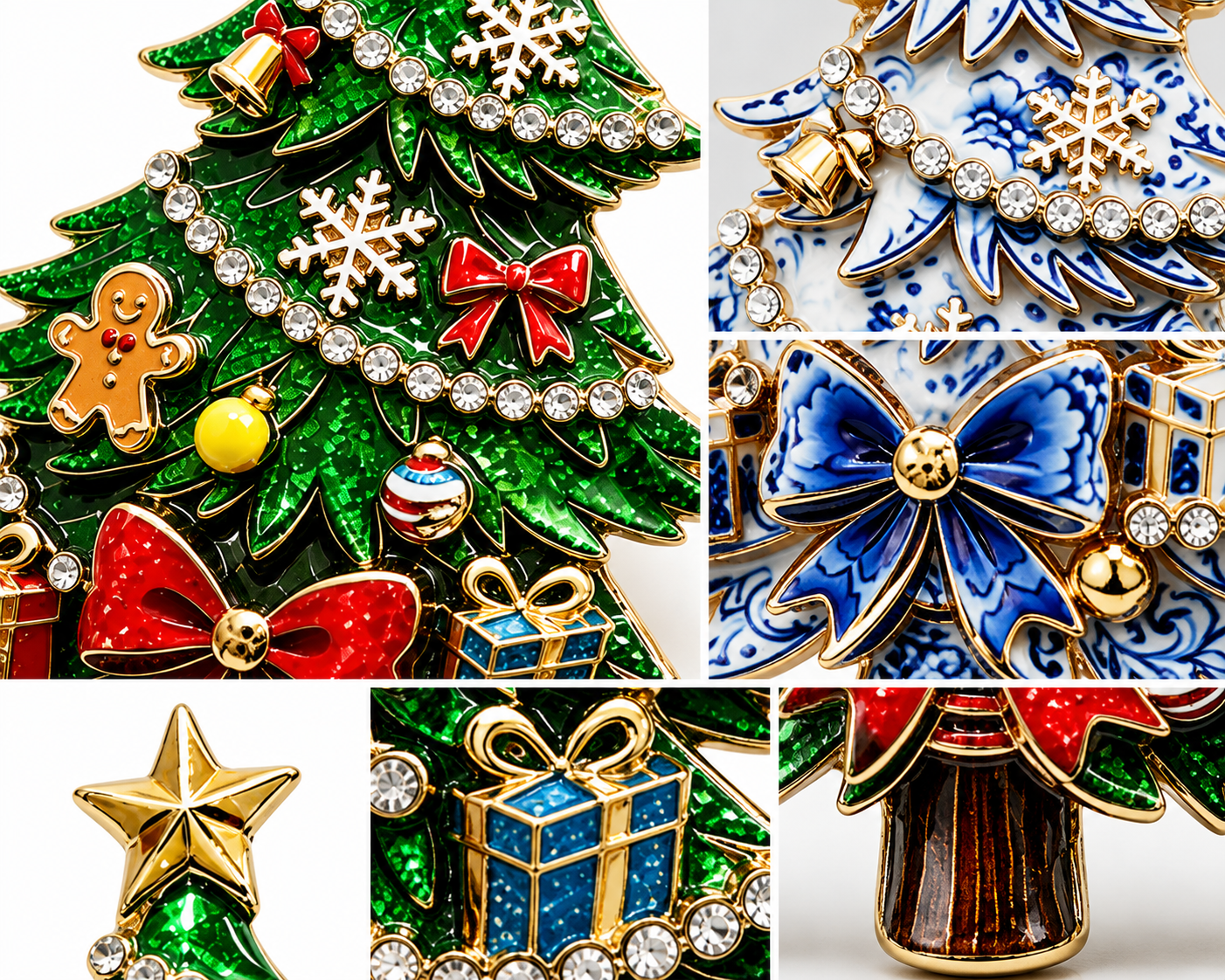 Christmas Tree Brooch Pin with Rhinestone Holiday Charms