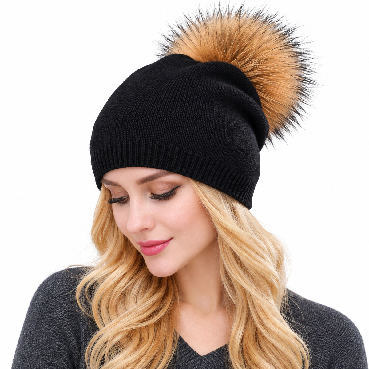 Women's Black Cashmere-Blend Beanie with Detachable Fur Pom Pom