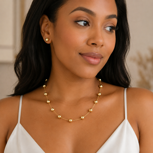 Gold Ball Bead Station Necklace & Earring Set