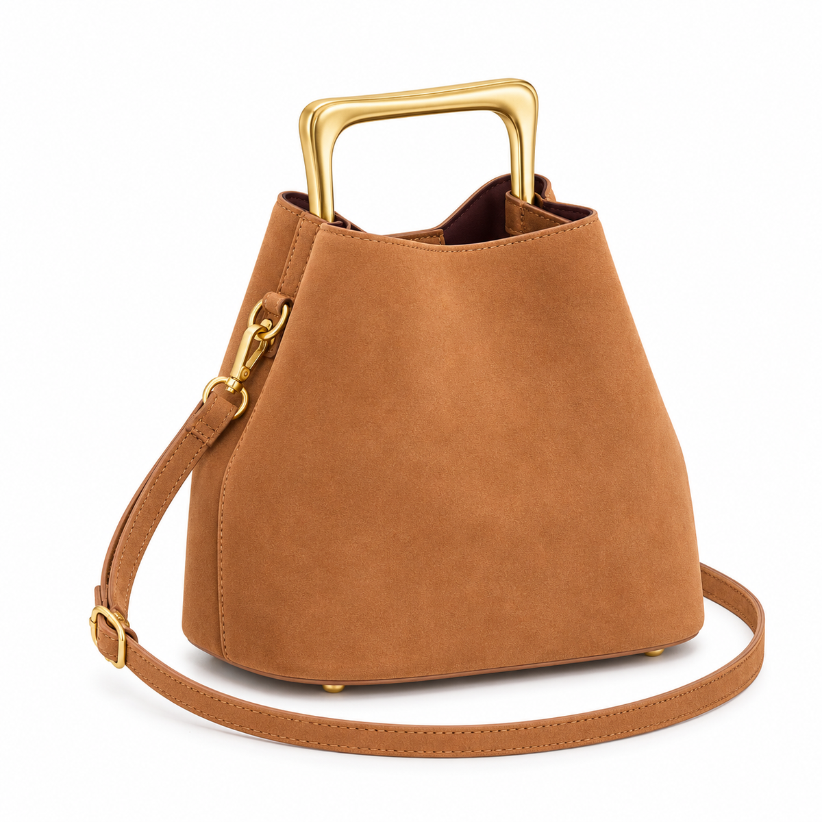 Tan Faux Suede Top Handle Crossbody Bag with Gold-Tone Handle