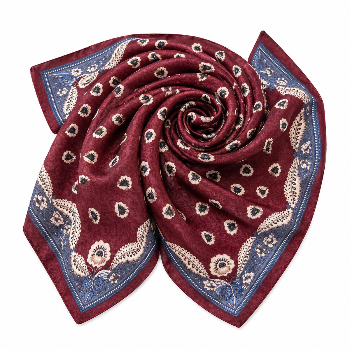 Burgundy Floral Paisley Square Scarf | Cotton Blend Bandana Neckerchief | 26.77"