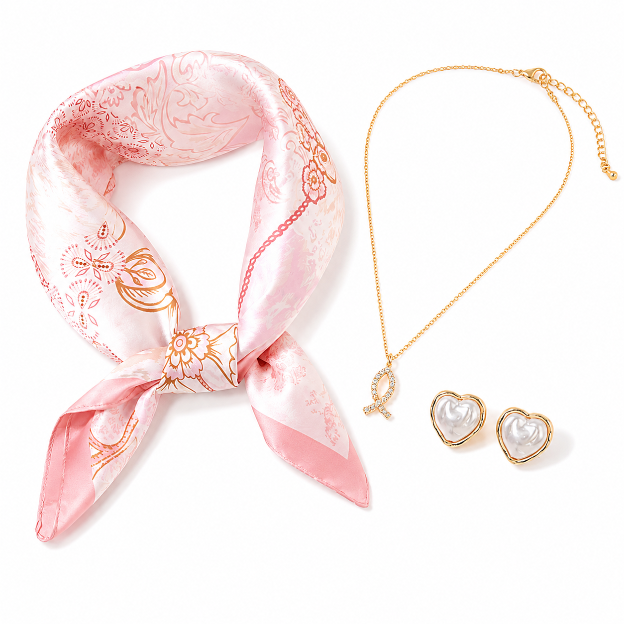 Hautefull Sunday Brunch Accessories Set Pink Satin Scarf Gold Jewelry