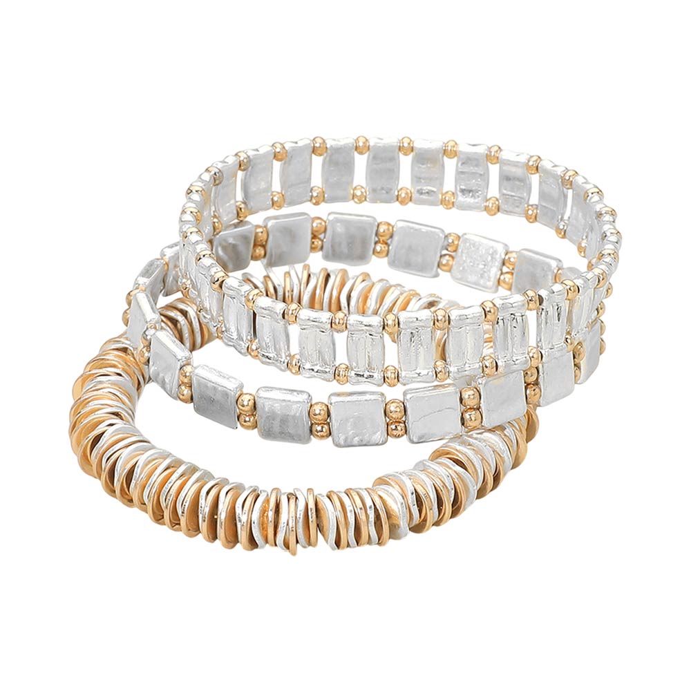 3 Piece Two Tone Metal Beaded Stretch Bracelet Set Multi Layer Stackable Bracelets for Women