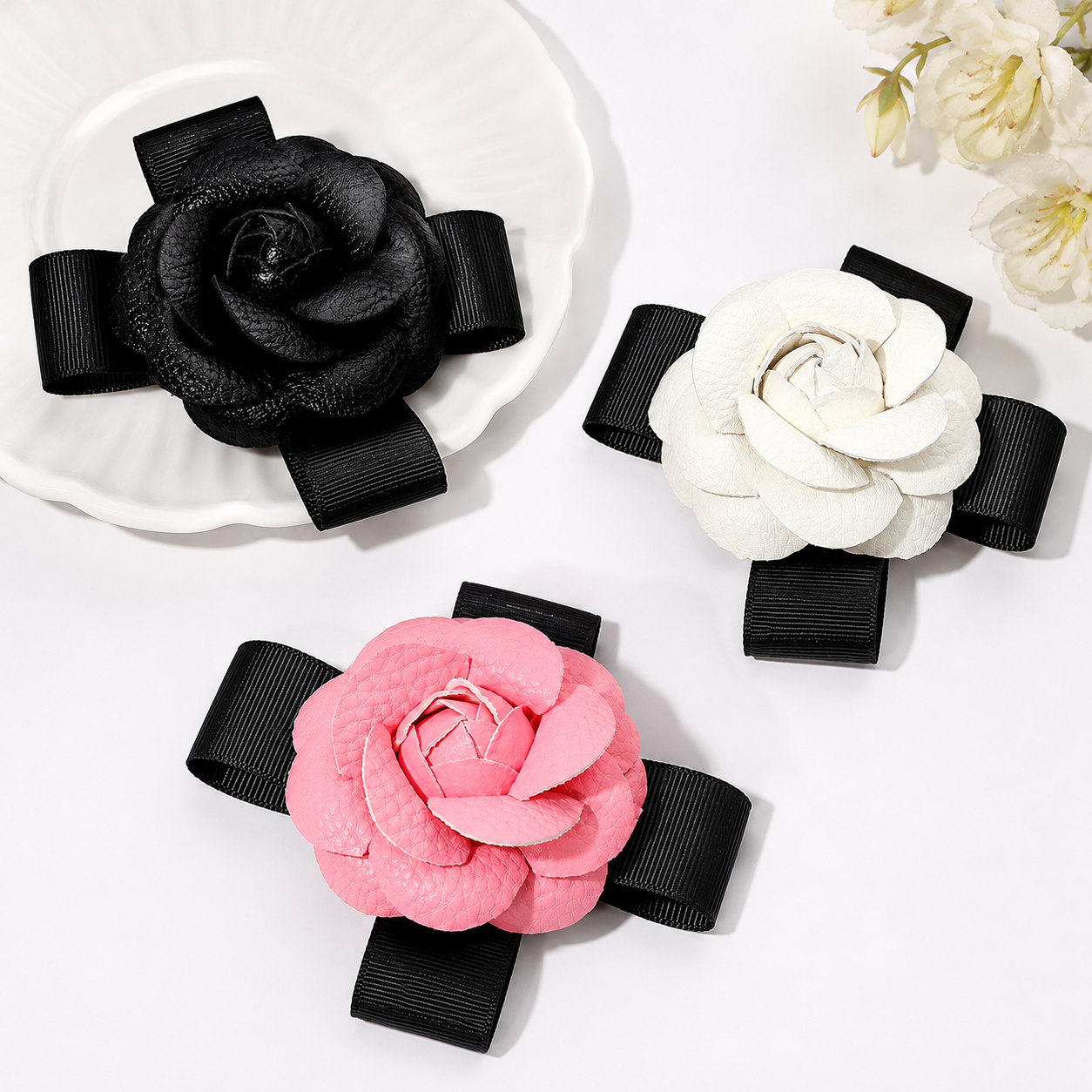 3-Piece Camellia Flower Brooch and Hair Clip Set