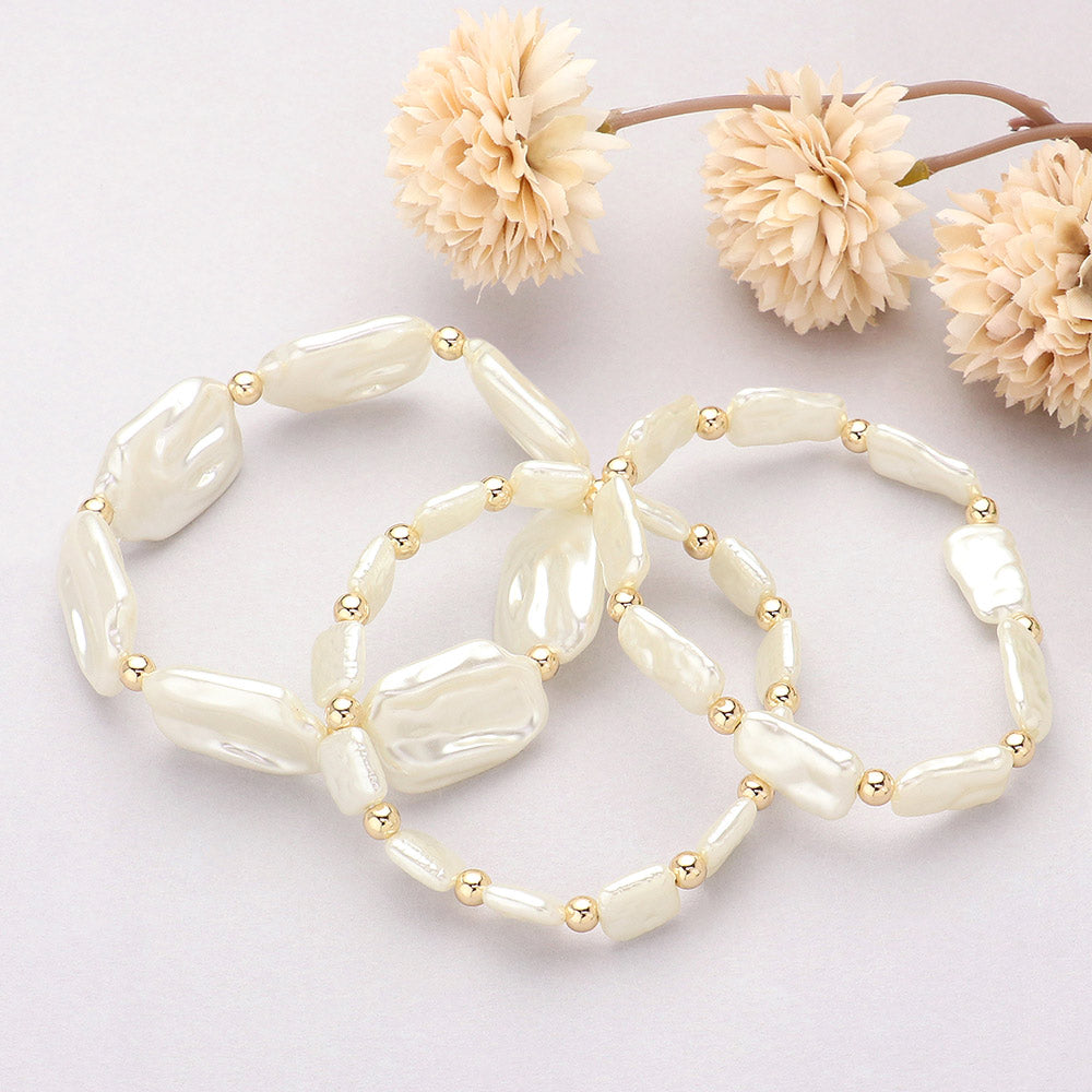 Irregular Pearl Beaded Stretch Bracelet Set for Women 3PCS Multi Layered Stackable Pearl Bracelets Elegant Boho Jewelry