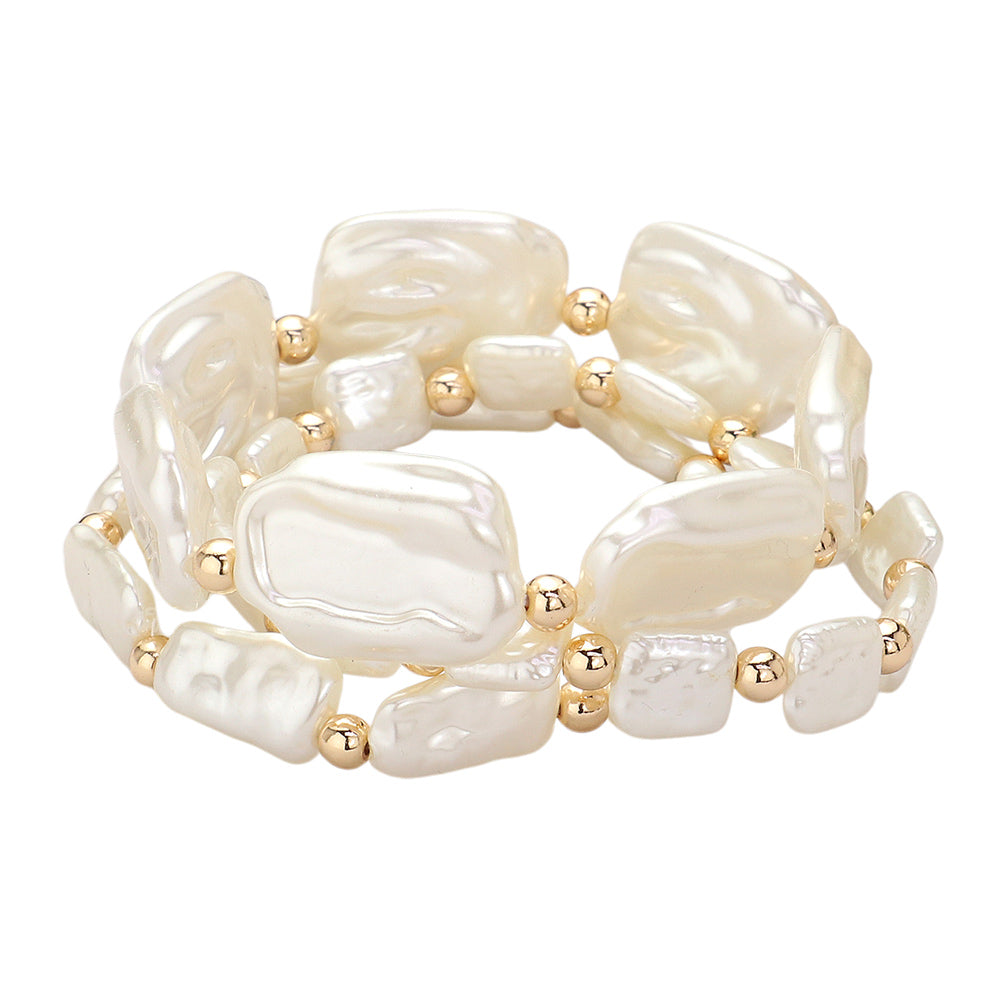 Irregular Pearl Beaded Stretch Bracelet Set for Women 3PCS Multi Layered Stackable Pearl Bracelets Elegant Boho Jewelry