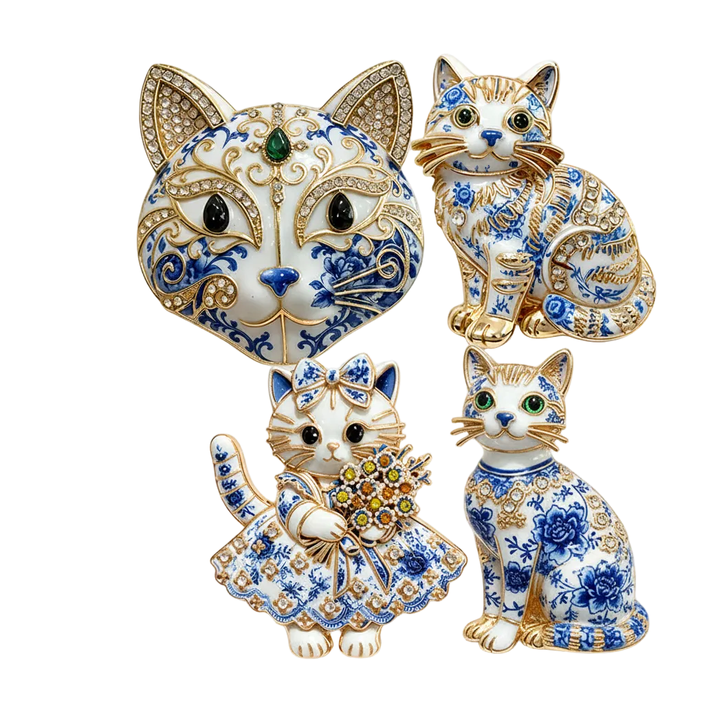 4 Piece Cat Brooch Set — Group Flat Lay