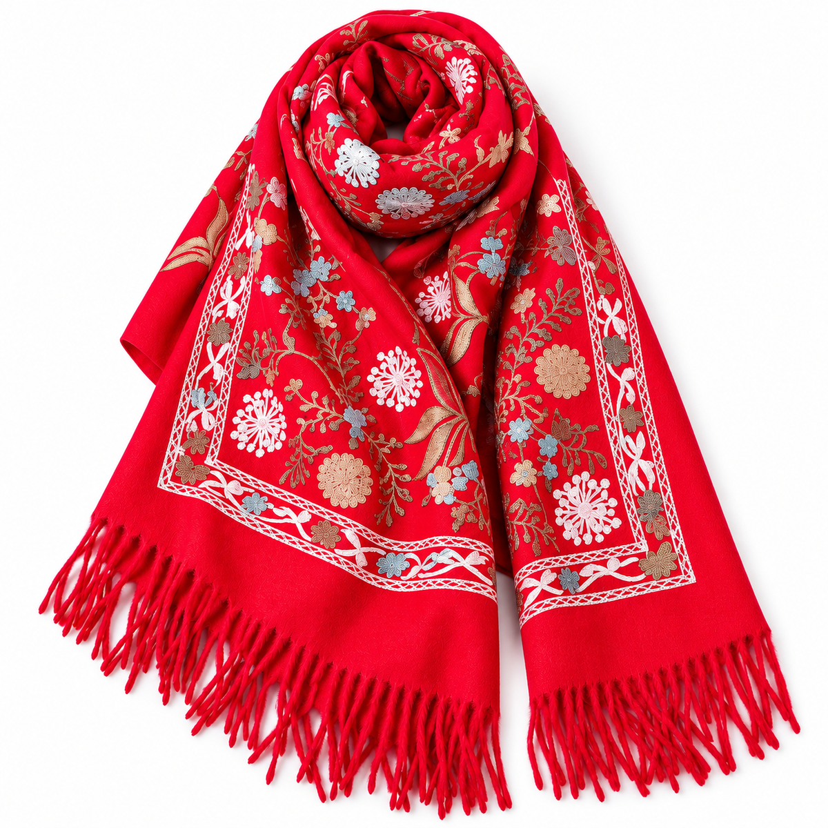 Women's 3-Piece Floral Embroidered Scarf Set in Red, Black & Ivory