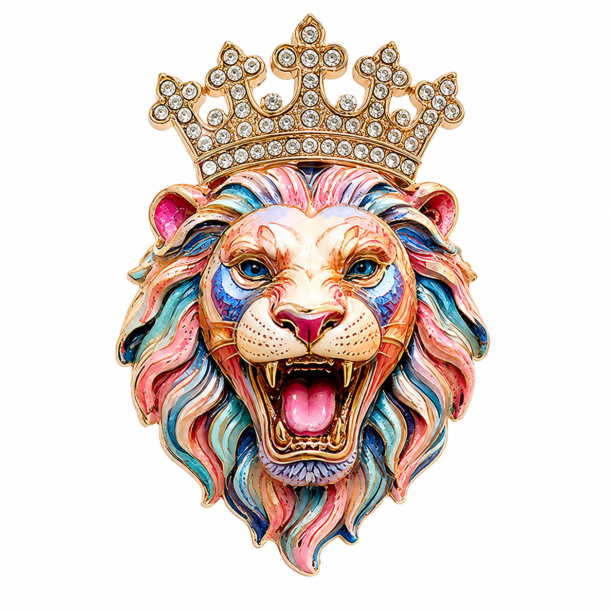 Colorful Crowned Lion Head Brooch Crystal Enamel Statement Pin