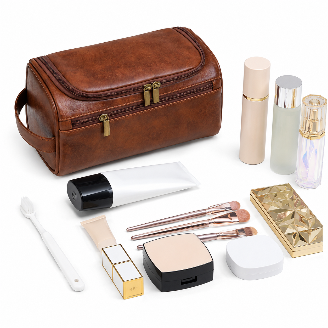 Vegan Leather Travel Toiletry Bag with Hanging Hook