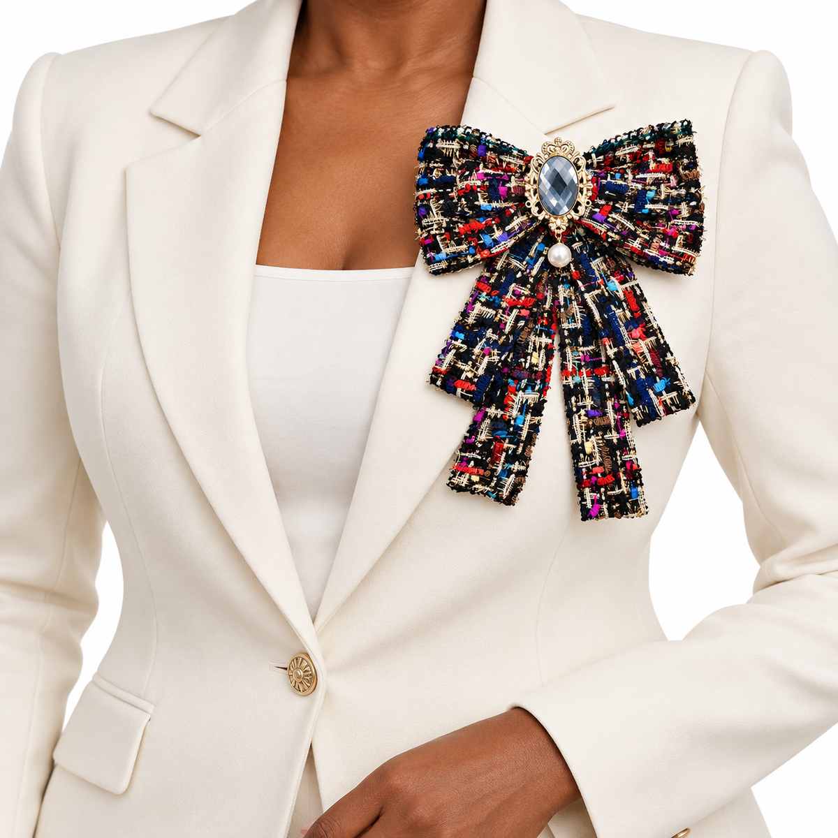 Oversized Tweed Bow Brooch Set with Faux Pearl Drops – Black & Cream, 2 Pieces