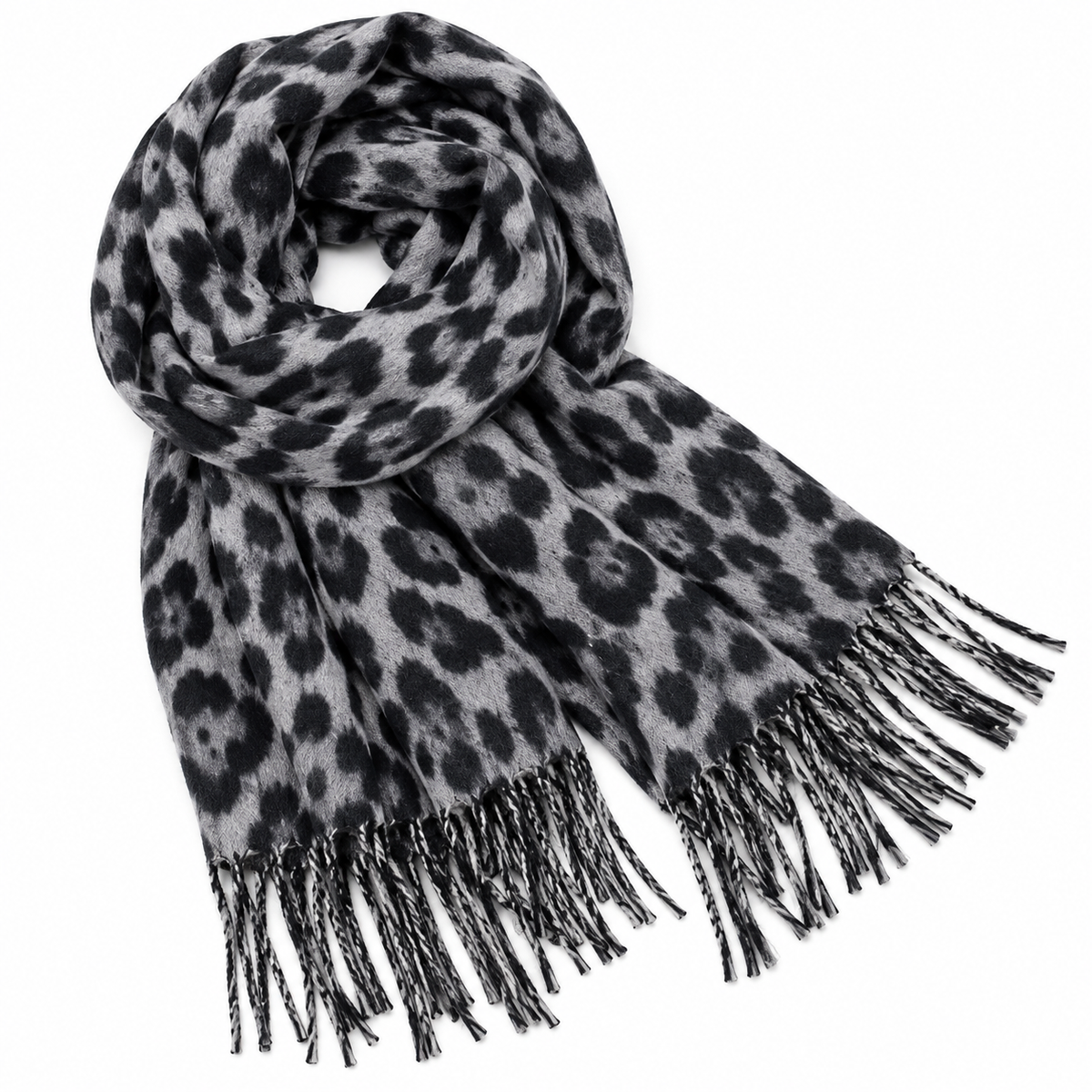 Grey & Black Leopard Print Scarf with Fringe – Oversized Shawl Wrap