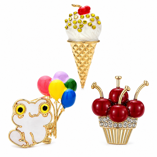 3-Piece Party Brooch Set – Frog Balloon, Cherry Cupcake & Ice Cream Cone