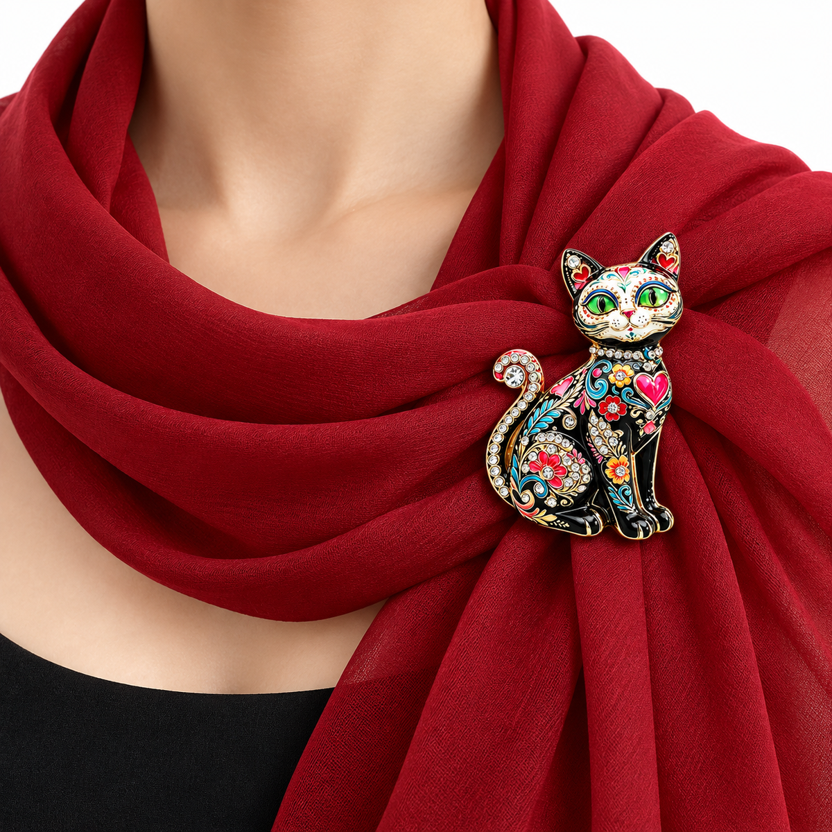Floral Enamel Cat Brooch Gift Set, 2 Pieces