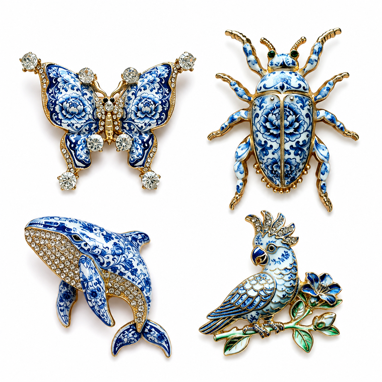 Blue Porcelain Enamel Animal Brooch Set of 4 – Butterfly, Whale, Beetle & Parrot
