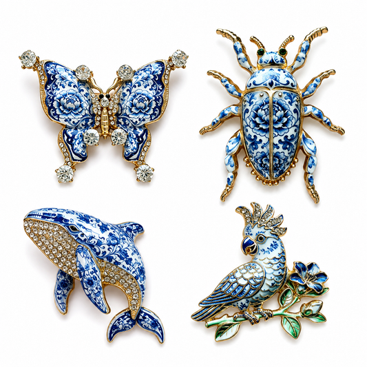 Blue Porcelain Enamel Animal Brooch Set of 4 – Butterfly, Whale, Beetle & Parrot