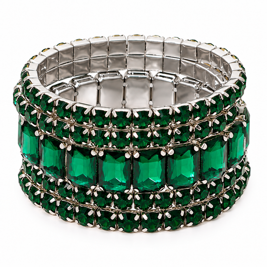 Emerald Green Crystal Stretch Bracelet Set – 5 Piece Rhinestone Stack
