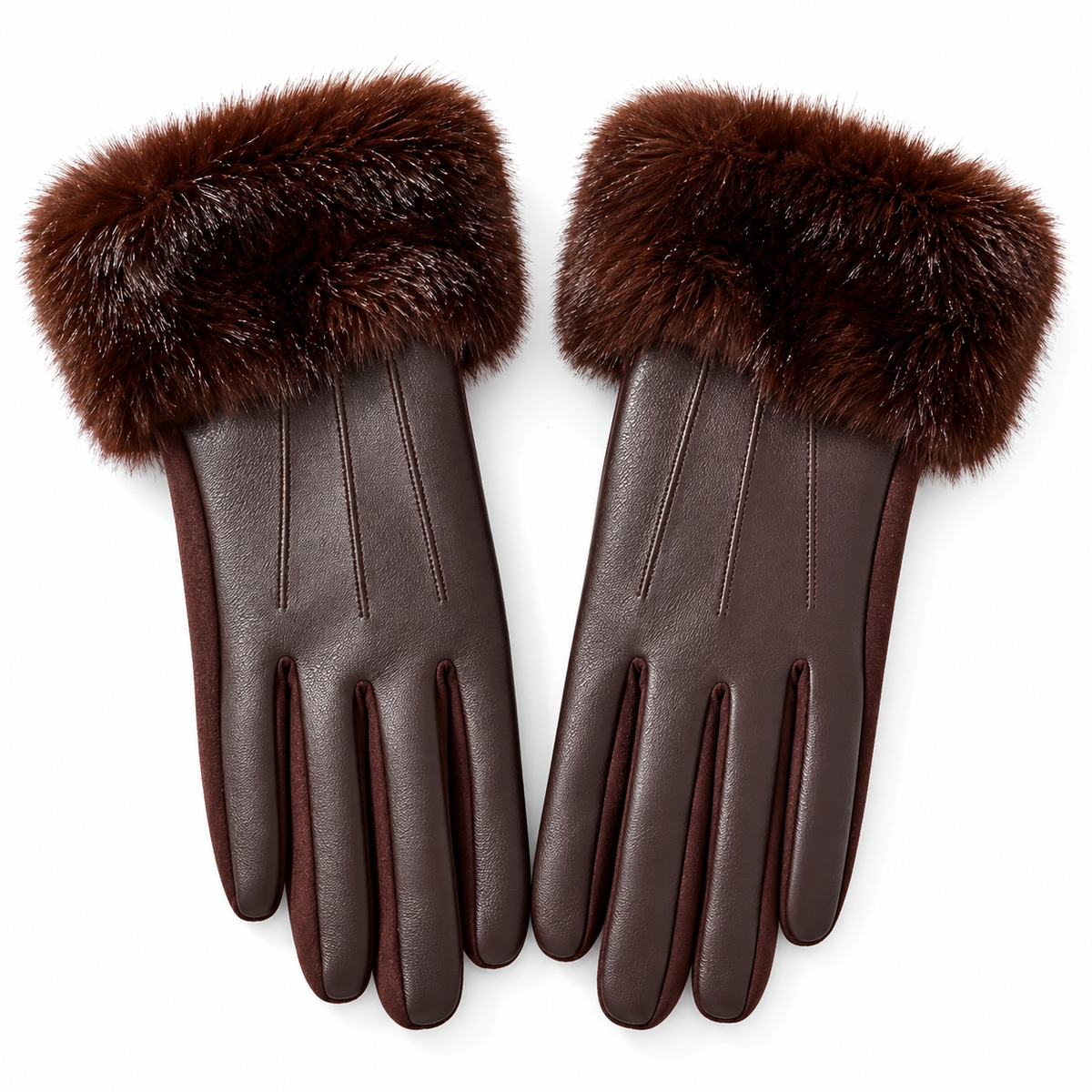 Women's Chocolate Brown Faux Leather Gloves with Faux Fur Cuffs