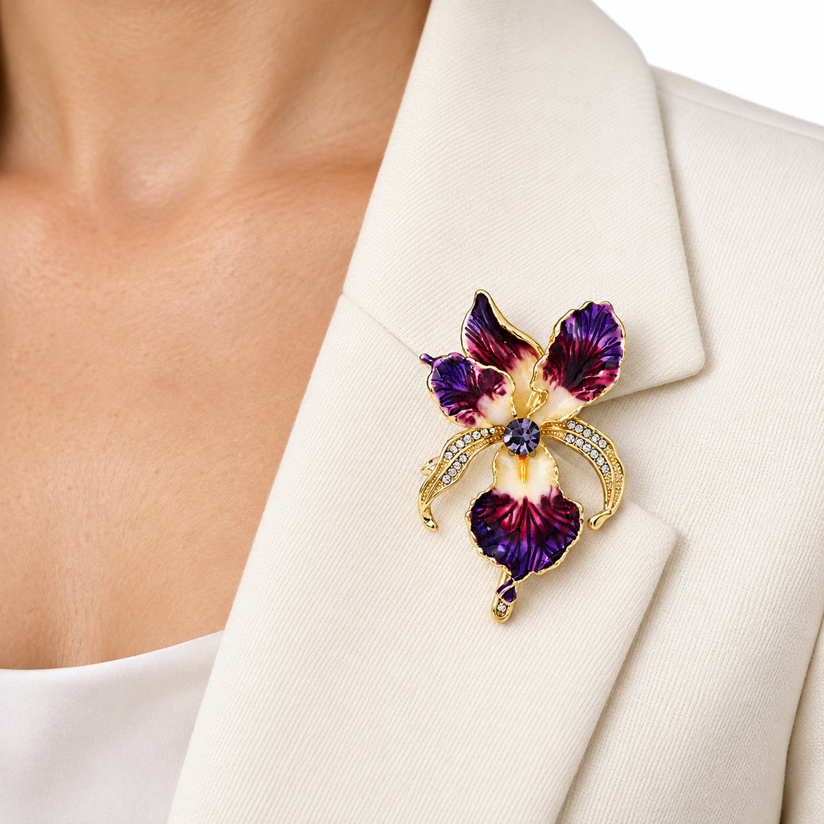Purple & Red Orchid Enamel Crystal Brooch Set – 2 Pieces