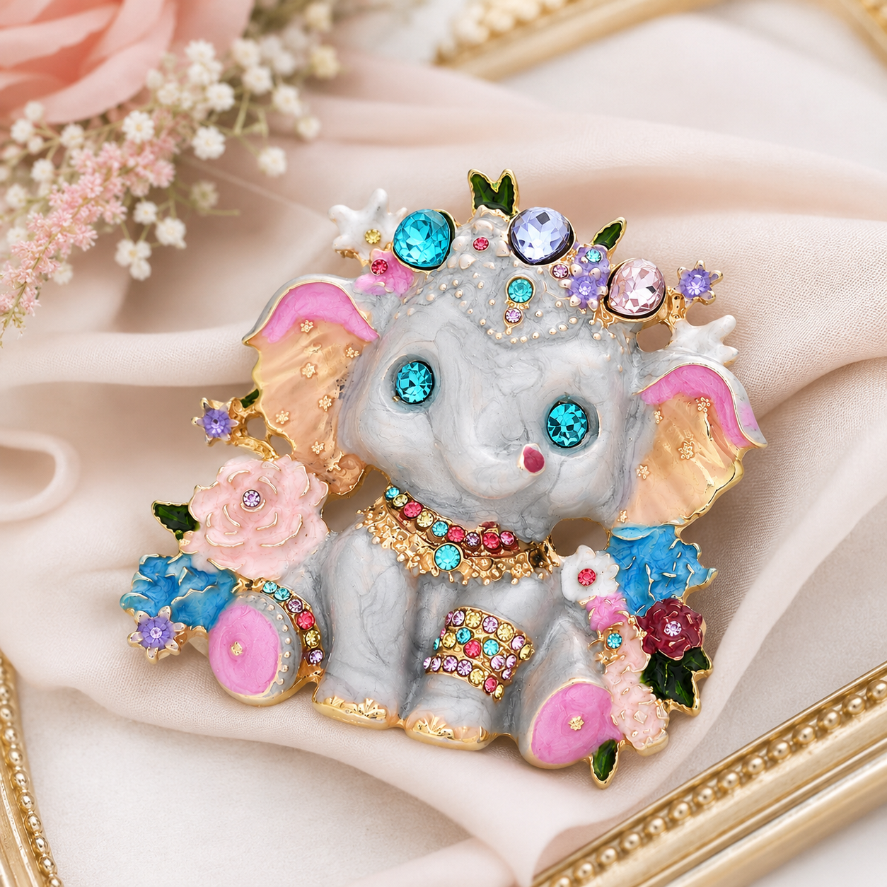Whimsical Elephant Enamel Rhinestone Statement Brooch Pin