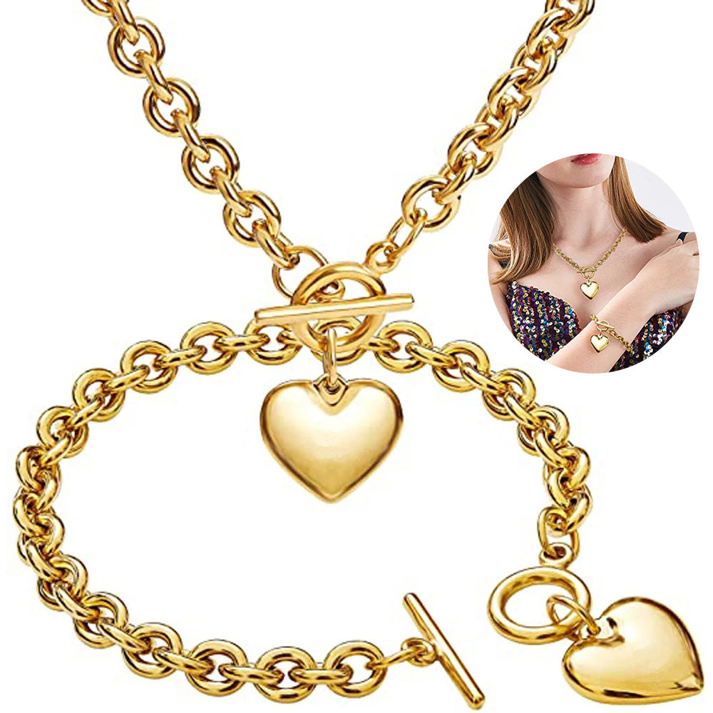 Gold Tone Stainless Steel Heart Charm Necklace Bracelet Jewelry Set