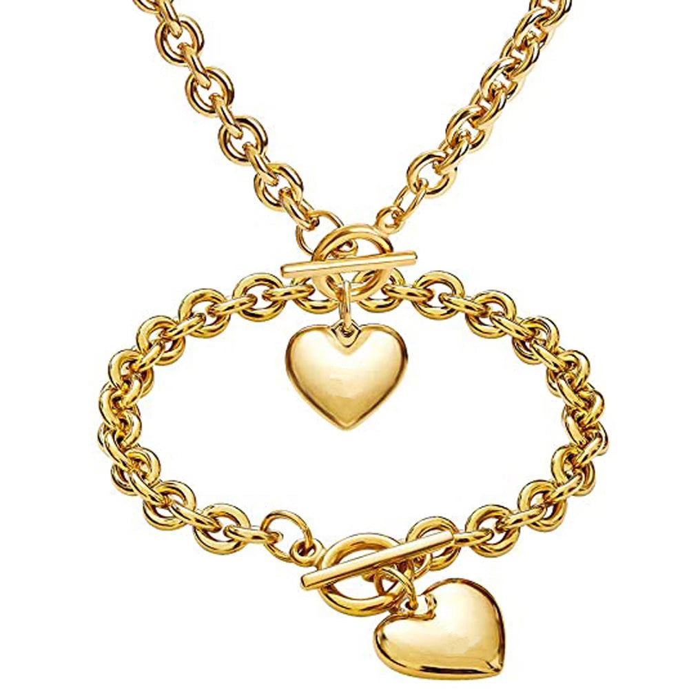 Gold Tone Stainless Steel Heart Charm Necklace Bracelet Jewelry Set