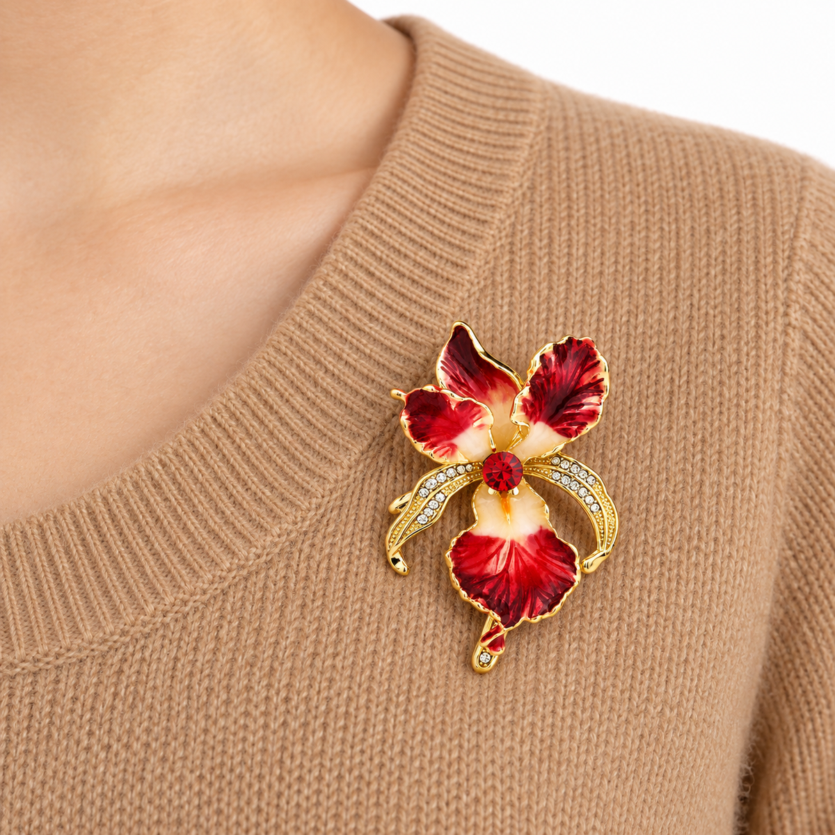 Purple & Red Orchid Enamel Crystal Brooch Set – 2 Pieces