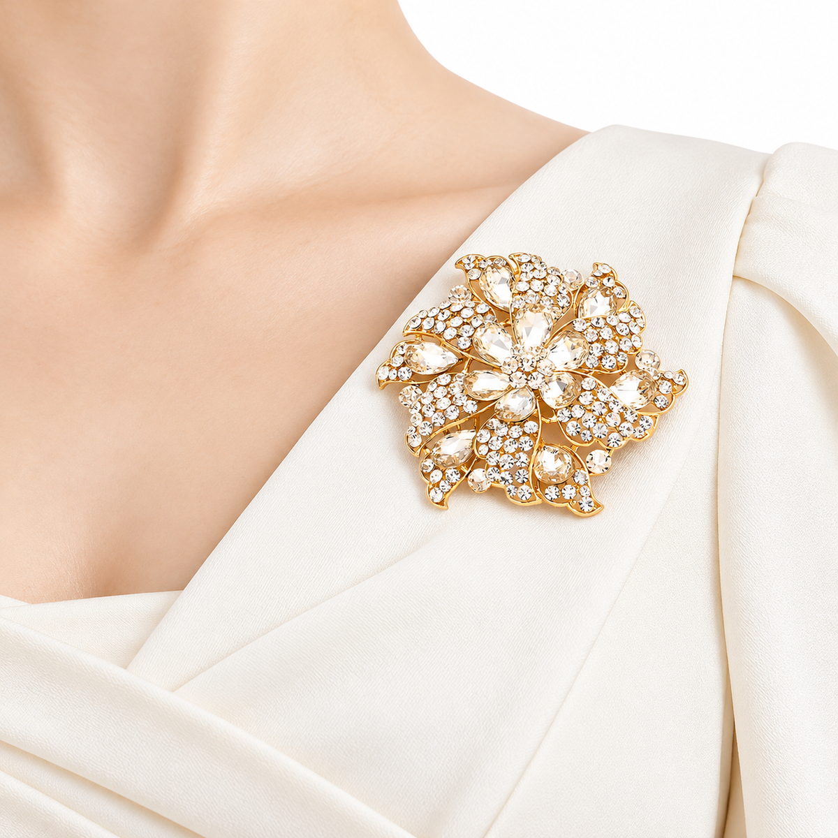 Oversized Gold-Tone Floral Rhinestone Statement Brooch – 4 Inch