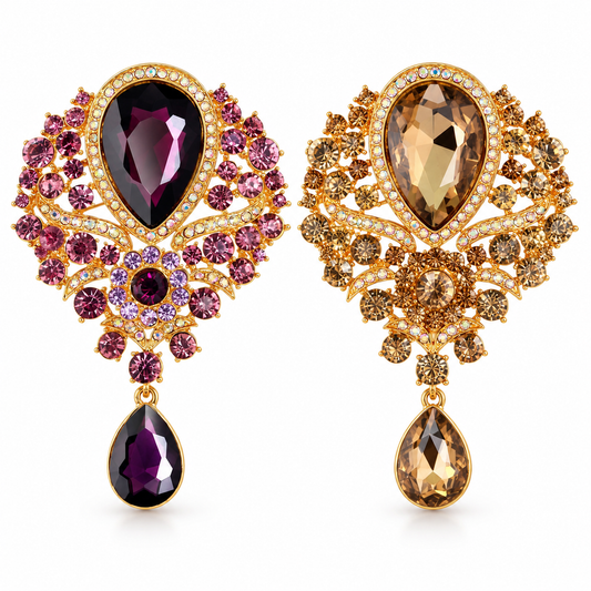 Oversized Crystal Statement Brooch Set – Purple & Champagne Gold, 2 Pieces