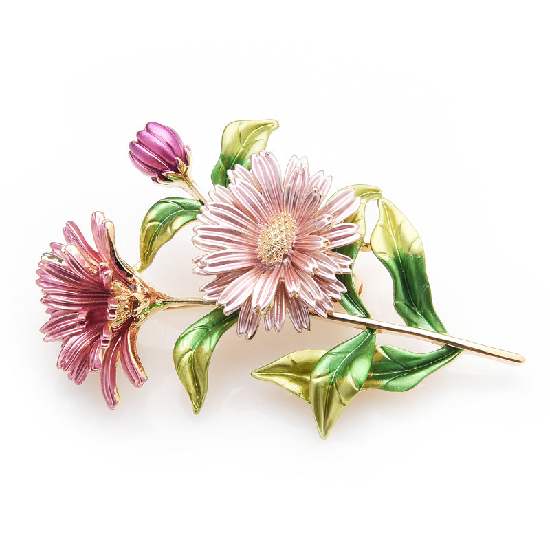 Pink Enamel Daisy Bouquet Brooch – Floral Garden Statement Pin