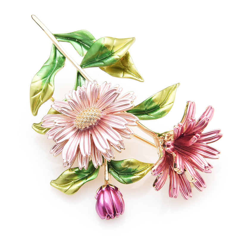 Pink Enamel Daisy Bouquet Brooch – Floral Garden Statement Pin