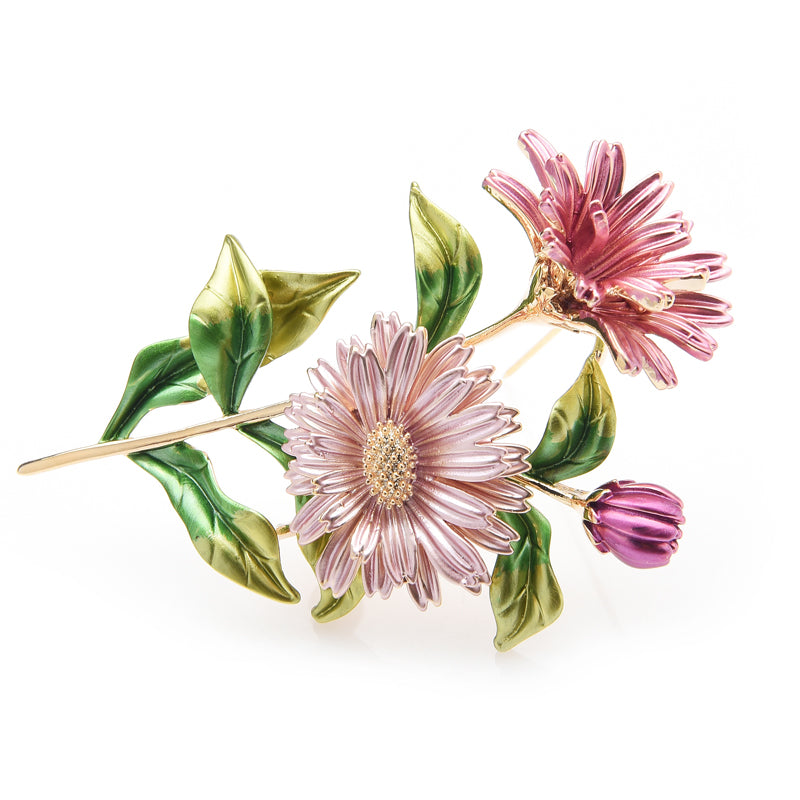 Pink Enamel Daisy Bouquet Brooch – Floral Garden Statement Pin
