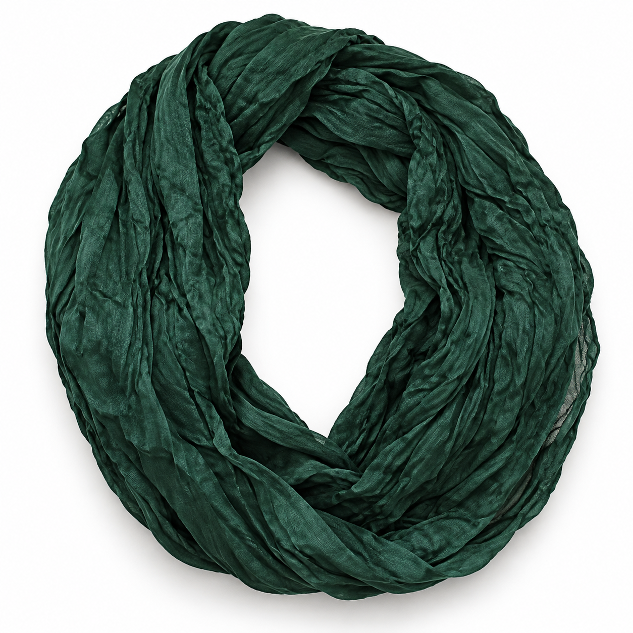 Deep forest green crinkle-texture infinity scarf coiled in a loop, white background product shot