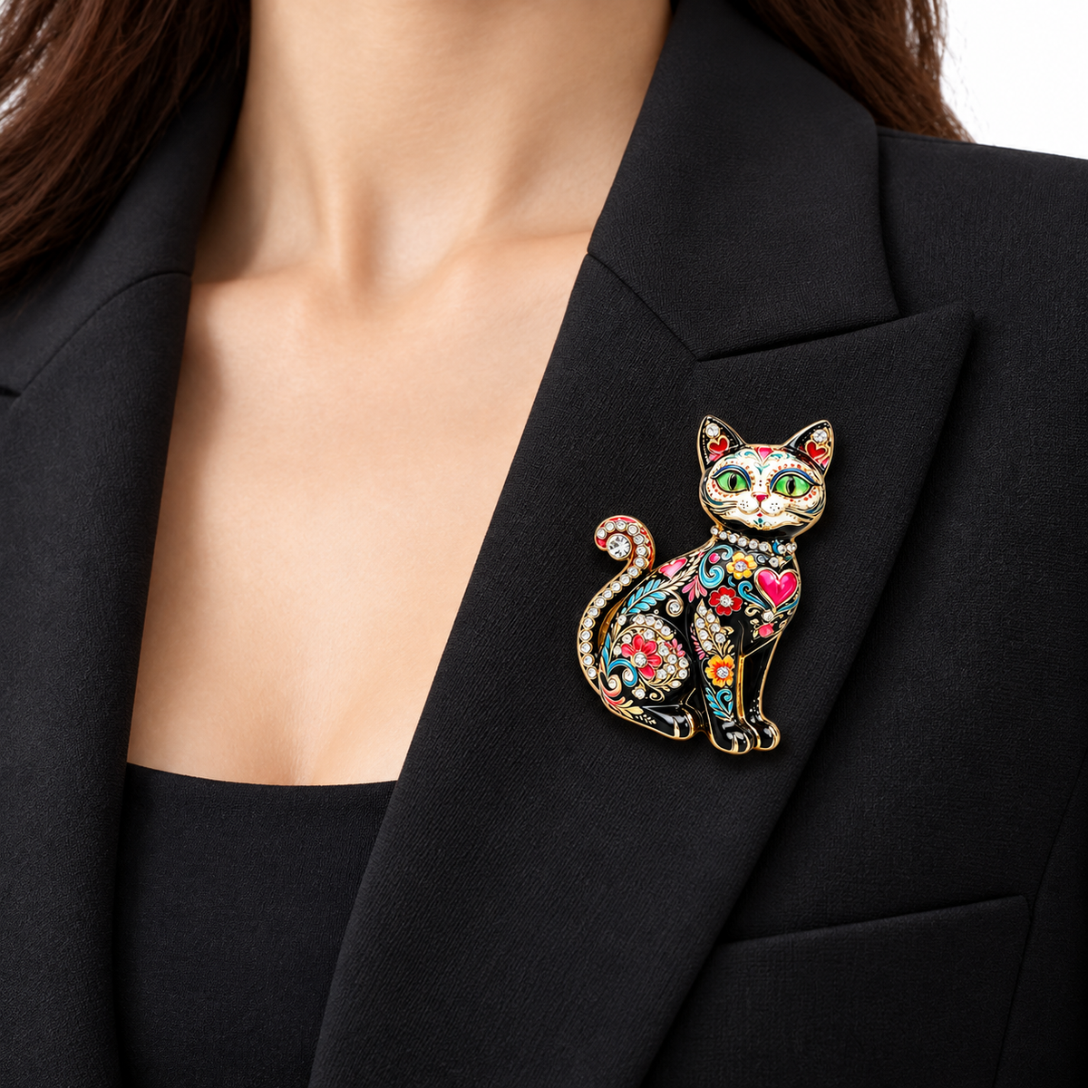 Floral Enamel Cat Brooch Gift Set, 2 Pieces