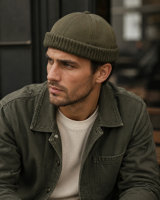 Military Green Canvas Docker Cap Miki Hat Ribbed Cuff Adjustable Strap