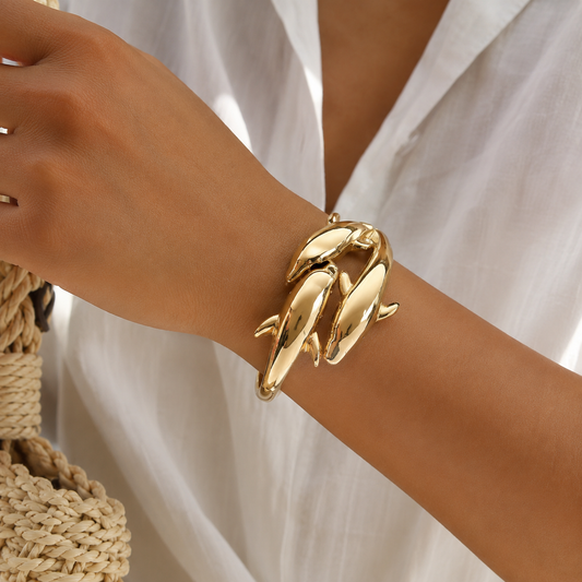 Gold Triple Dolphin Bypass Hinged Bangle Bracelet - Nautical Tropical Jewelry