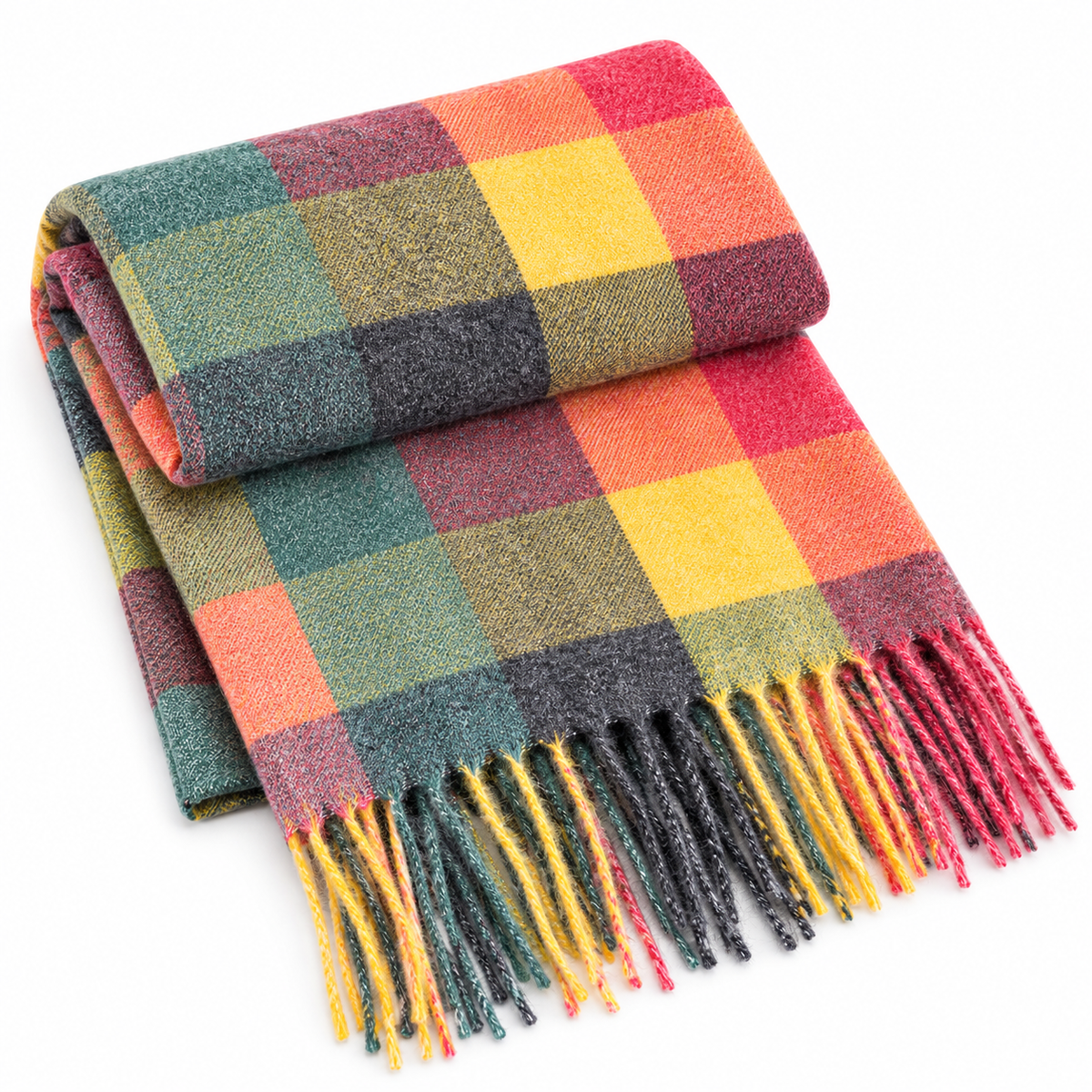 Rainbow Plaid Tassel Scarf – Colorblock Wrap Shawl