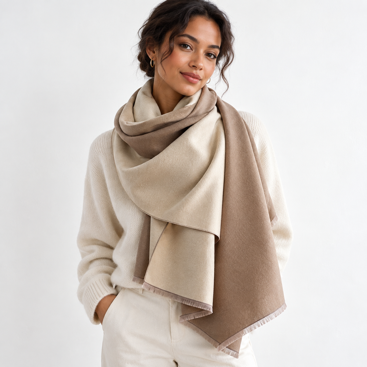 Reversible Two-Tone Shawl Wrap Scarf | Cashmere-Soft | Beige & Brown | 72.8"