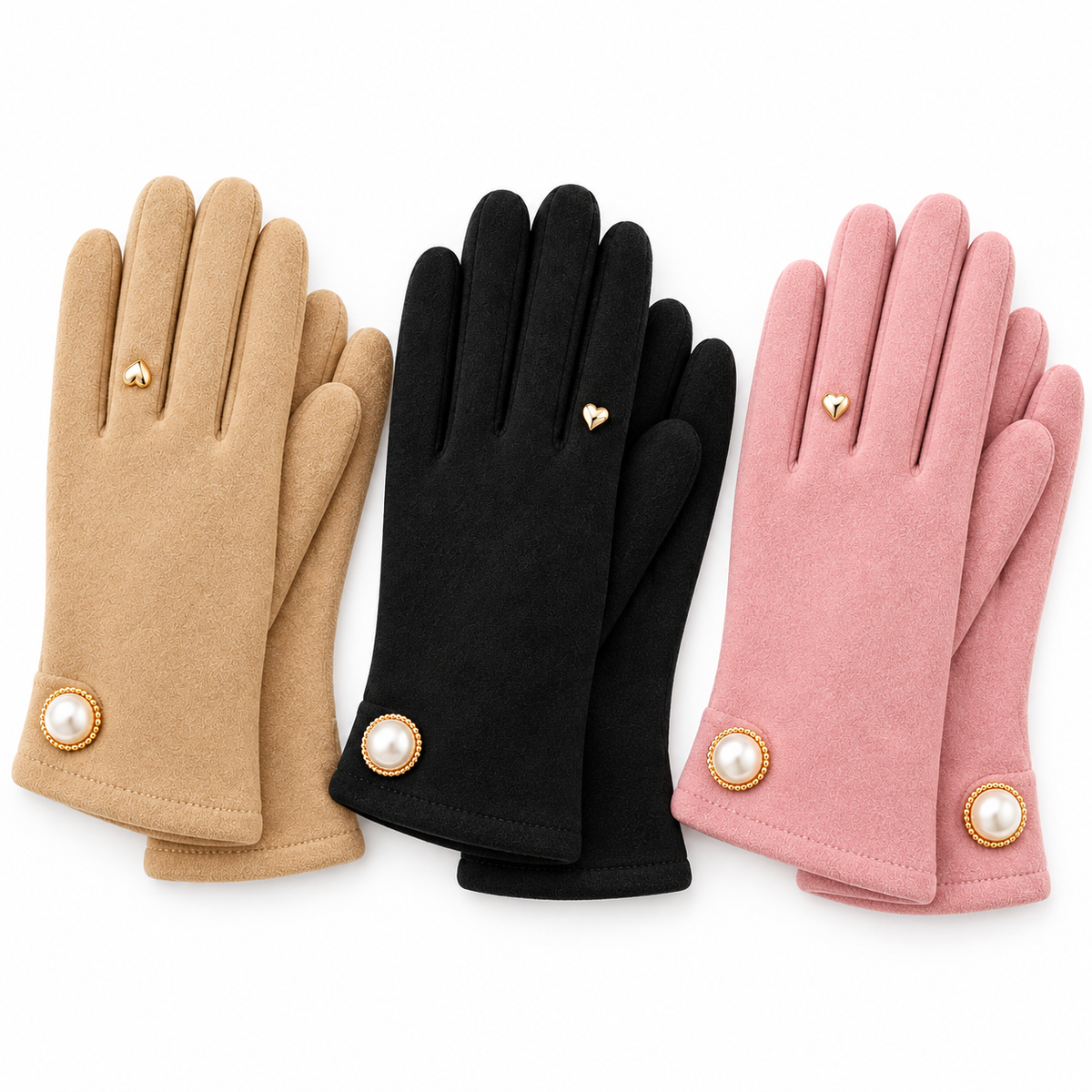 3-Pair Women's Pearl-Accent Dress Gloves Gift Set | Black, Tan & Pink