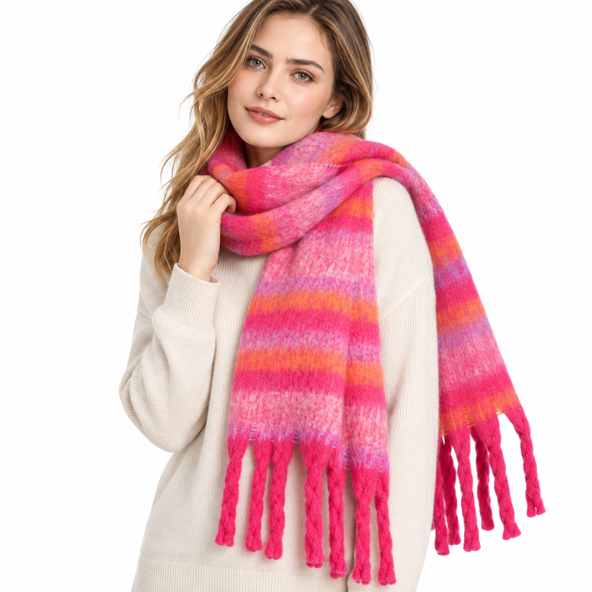 Women's Pink Striped Knitted Tassel Scarf Winter Warm Cozy Pashmina Shawl