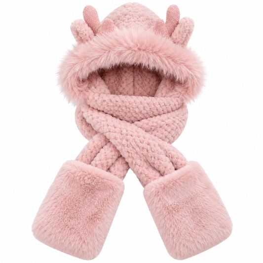 Women's Pink Plush Antler Hooded Scarf with Hand Pockets