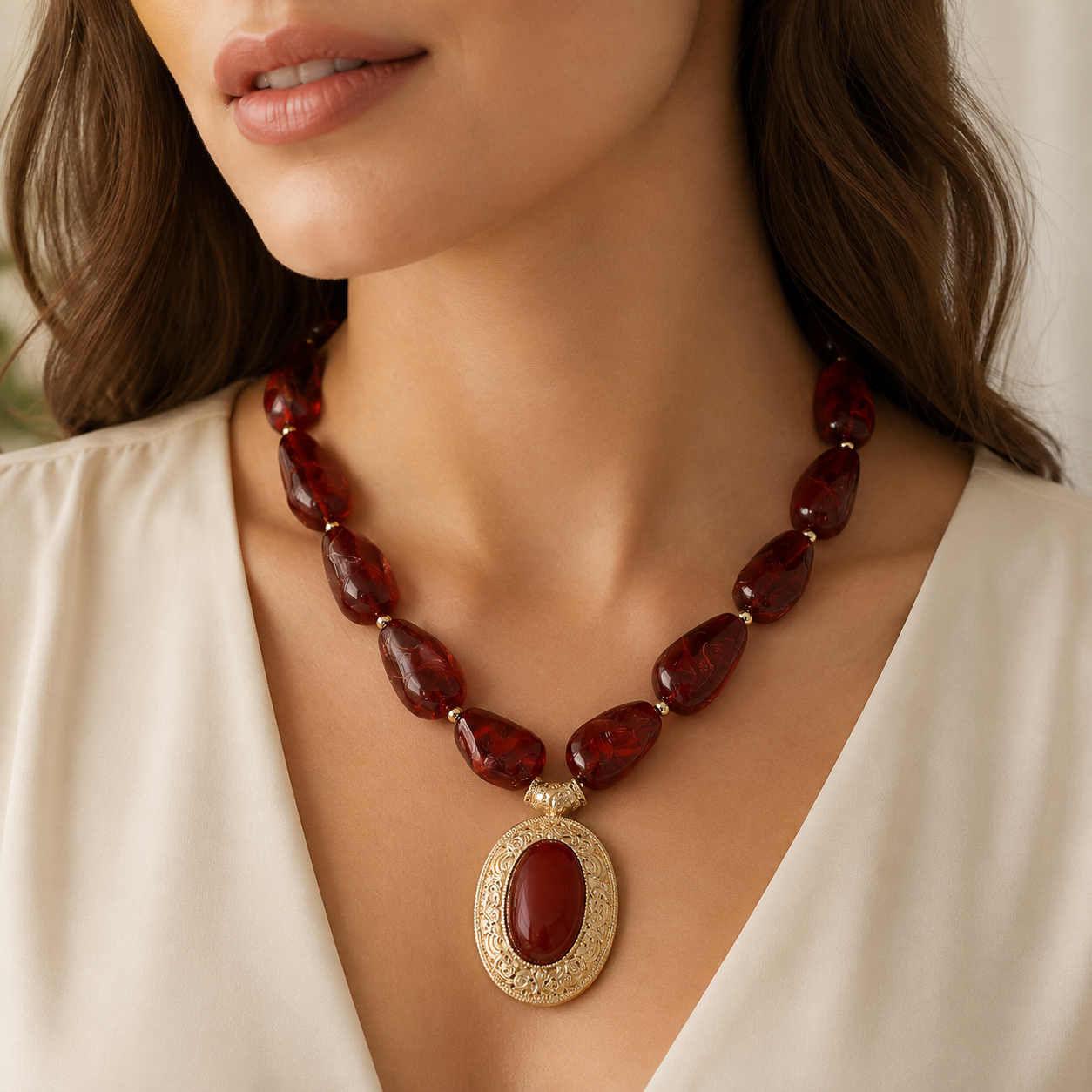 Crimson Beaded Statement Necklace with Gold Filigree Pendant
