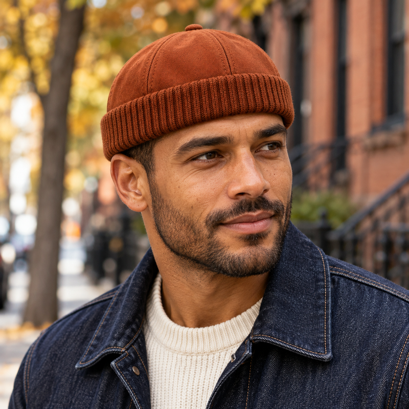 Rust Brown Docker Cap Unisex Adjustable Brimless Hat Ribbed Cuff Fisherman Style