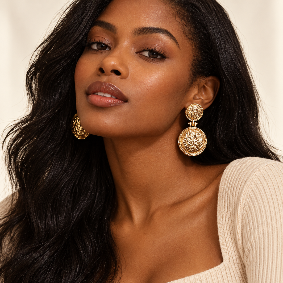 Textured Gold Coin Statement Drop Earrings