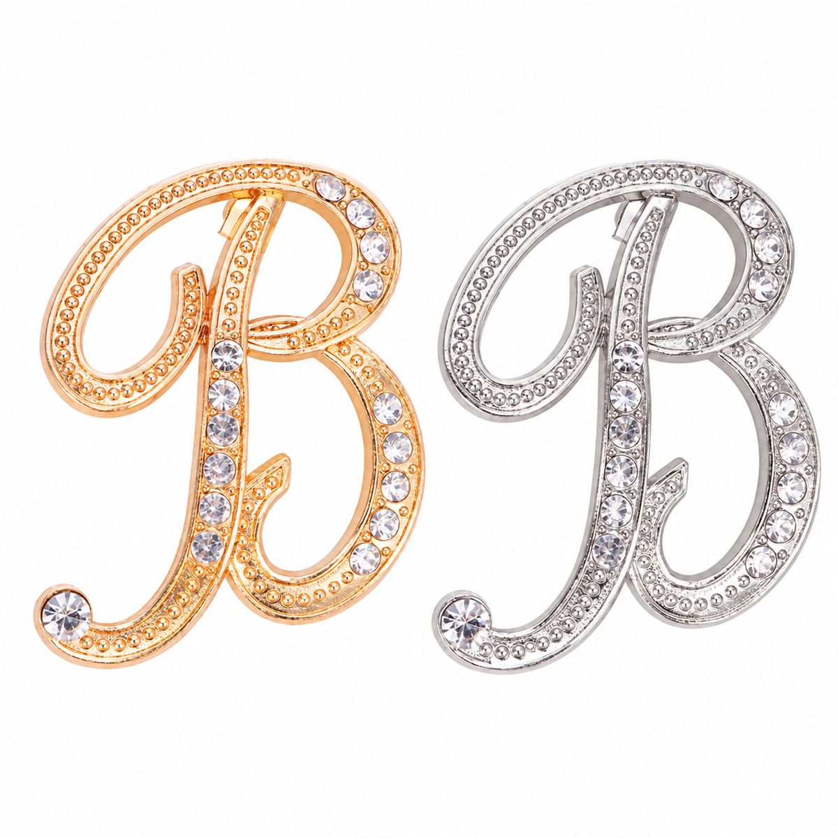 Two-Piece Letter B Rhinestone Brooch Set, Gold & Silver Tone